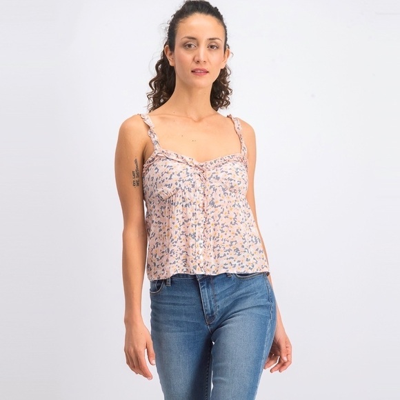 Patrons of Peace Nathalie Sleeveless Crop Smocked Top Pink Cream Combo Small - Picture 1 of 16